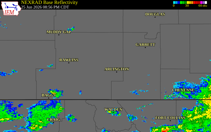 NEXRAD radar during the Thursday, June 25, 2026 storm activity in Carbon County, Wyoming