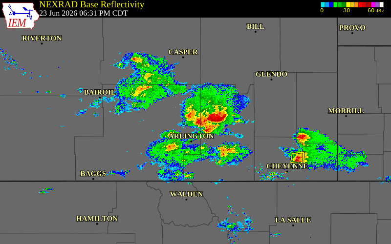 Radar snapshot during the Jun 23, 2026 tornado event near 3 ESE Medicine Bow, Carbon County, Wyoming, with NWS warning polygons