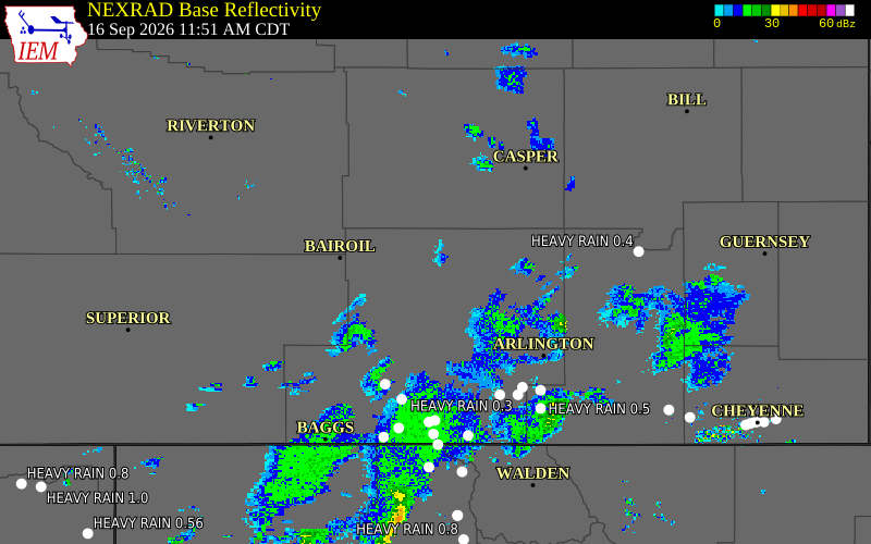 Current NEXRAD radar over Carbon County, Wyoming with recent storm report locations