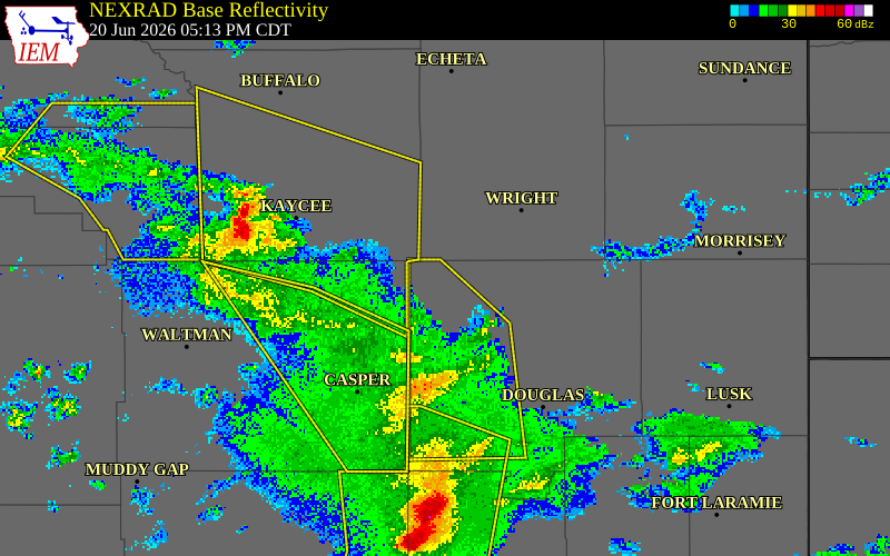 NEXRAD radar during the Saturday, June 20, 2026 storm activity in Converse County, Wyoming