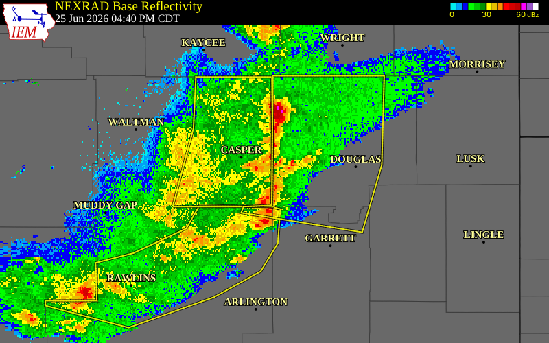 NEXRAD radar during the Thursday, June 25, 2026 storm activity in Converse County, Wyoming