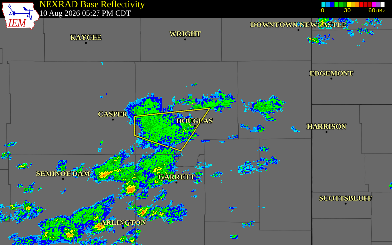 NEXRAD radar during the Monday, August 10, 2026 storm activity in Converse County, Wyoming