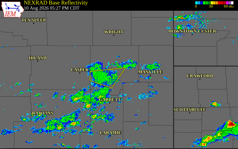Radar snapshot during the Aug 10, 2026 wind event near 3 N Douglas, Converse County, Wyoming, with NWS warning polygons