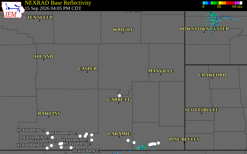 Current NEXRAD radar over Converse County, Wyoming with recent storm report locations