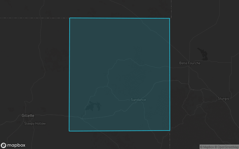 Map of Crook County, Wyoming showing the county boundary and surrounding cities