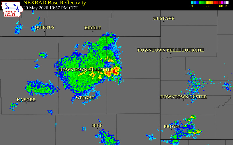 NEXRAD radar during the Friday, May 29, 2026 storm activity in Crook County, Wyoming