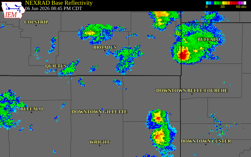 NEXRAD radar during the Saturday, June 6, 2026 storm activity in Crook County, Wyoming