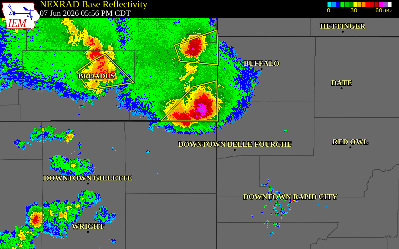 NEXRAD radar during the Sunday, June 7, 2026 storm activity in Crook County, Wyoming