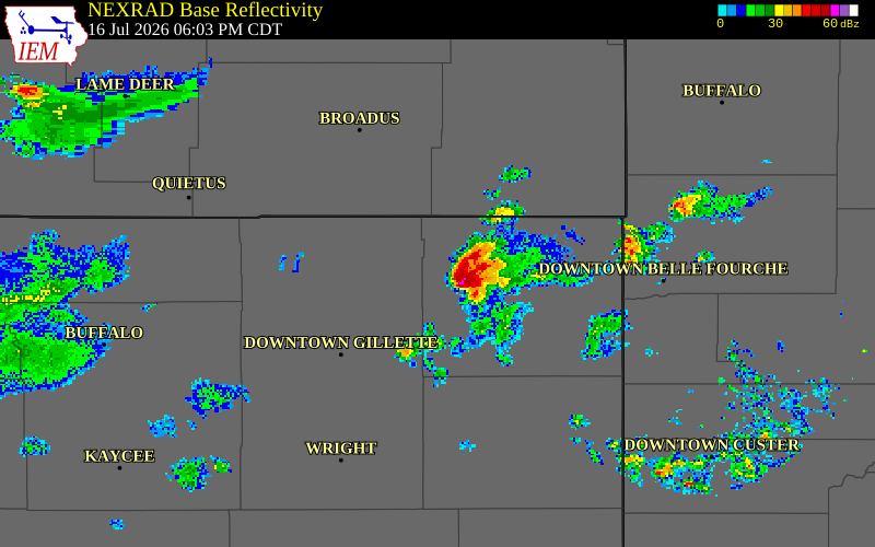 NEXRAD radar during the Thursday, July 16, 2026 storm activity in Crook County, Wyoming