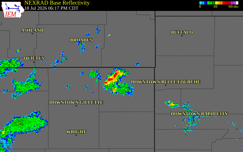 NEXRAD radar during the Saturday, July 18, 2026 storm activity in Crook County, Wyoming