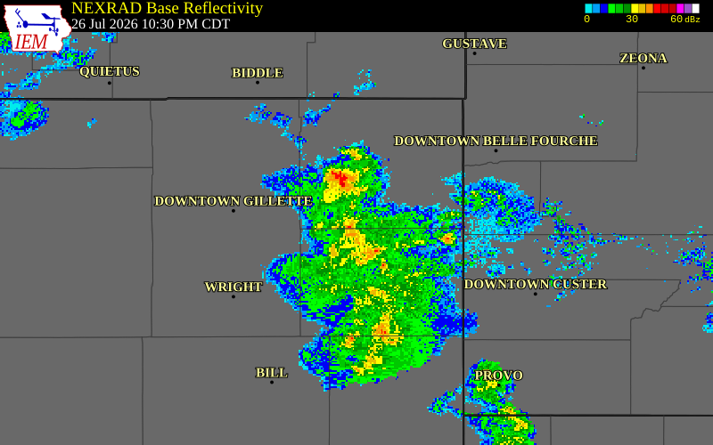 NEXRAD radar during the Sunday, July 26, 2026 storm activity in Crook County, Wyoming