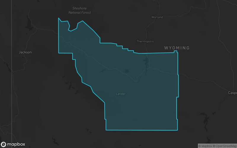 Map of Fremont County, Wyoming showing the county boundary and surrounding cities
