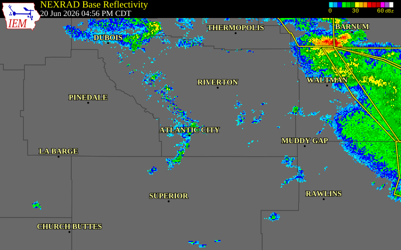 NEXRAD radar during the Saturday, June 20, 2026 storm activity in Fremont County, Wyoming