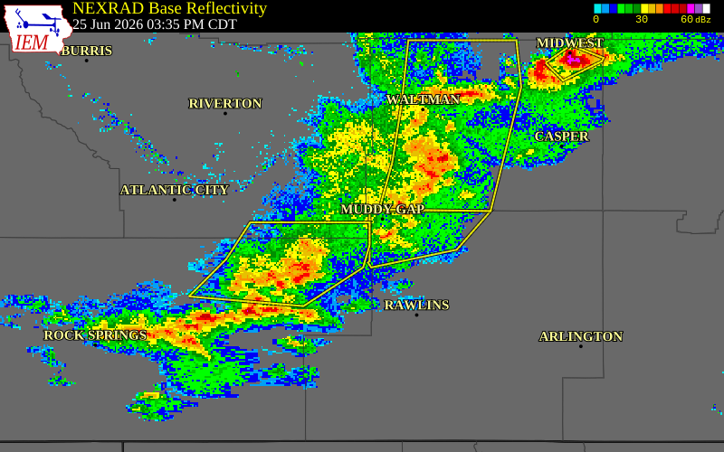 NEXRAD radar during the Thursday, June 25, 2026 storm activity in Fremont County, Wyoming