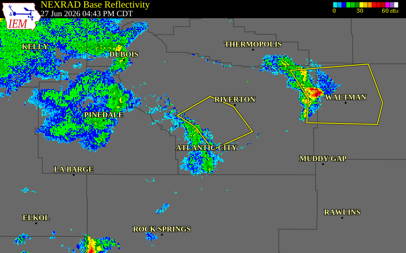 NEXRAD radar during the Saturday, June 27, 2026 storm activity in Fremont County, Wyoming