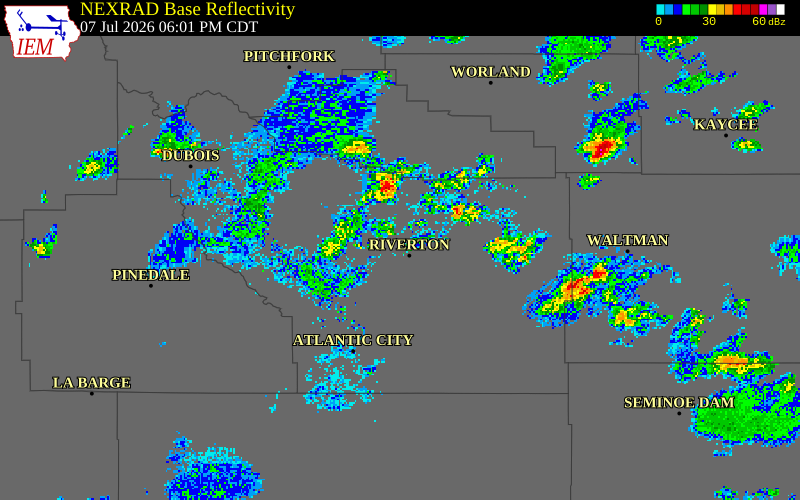 NEXRAD radar during the Tuesday, July 7, 2026 storm activity in Fremont County, Wyoming