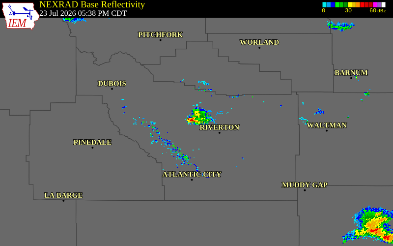 NEXRAD radar during the Thursday, July 23, 2026 storm activity in Fremont County, Wyoming