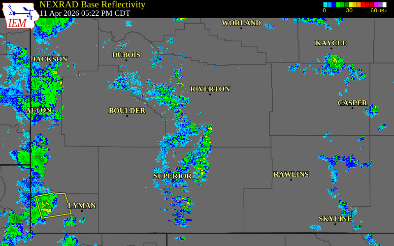 Radar snapshot during the Apr 11, 2026 wind event near 10 NE Atlantic City, Fremont County, Wyoming, with NWS warning polygons