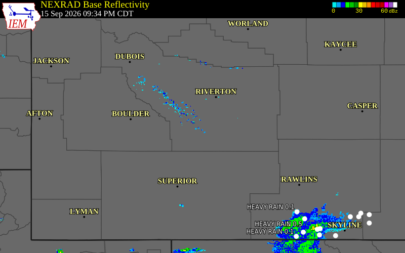 Current NEXRAD radar over Fremont County, Wyoming with recent storm report locations