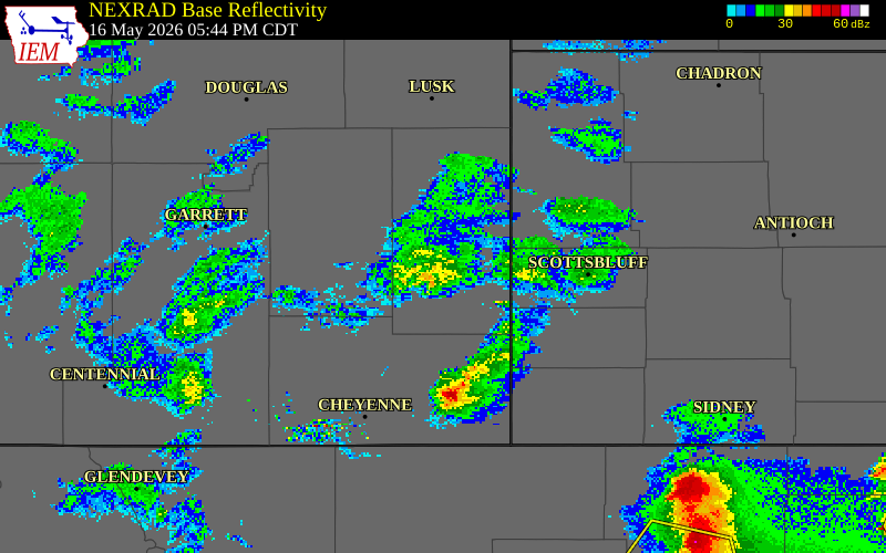 NEXRAD radar during the Saturday, May 16, 2026 storm activity in Goshen County, Wyoming