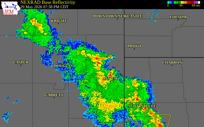 NEXRAD radar during the Friday, May 29, 2026 storm activity in Goshen County, Wyoming