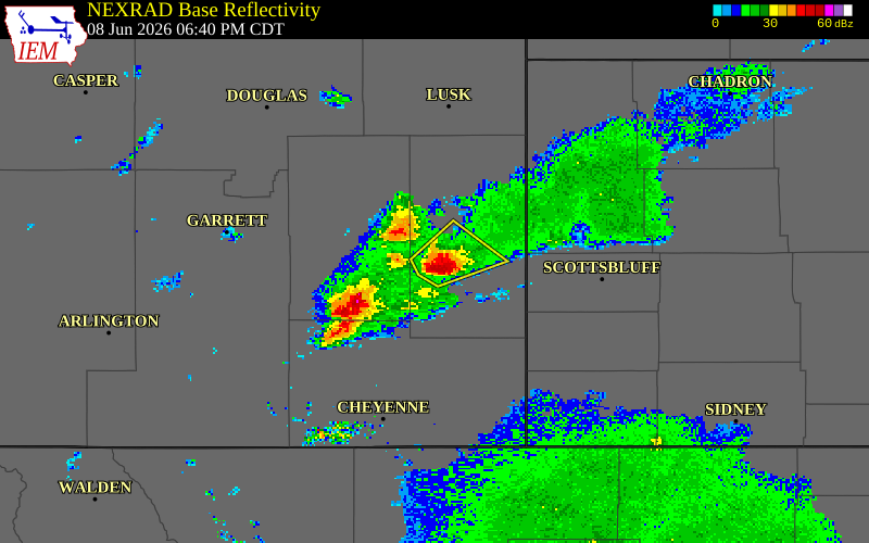 NEXRAD radar during the Monday, June 8, 2026 storm activity in Goshen County, Wyoming