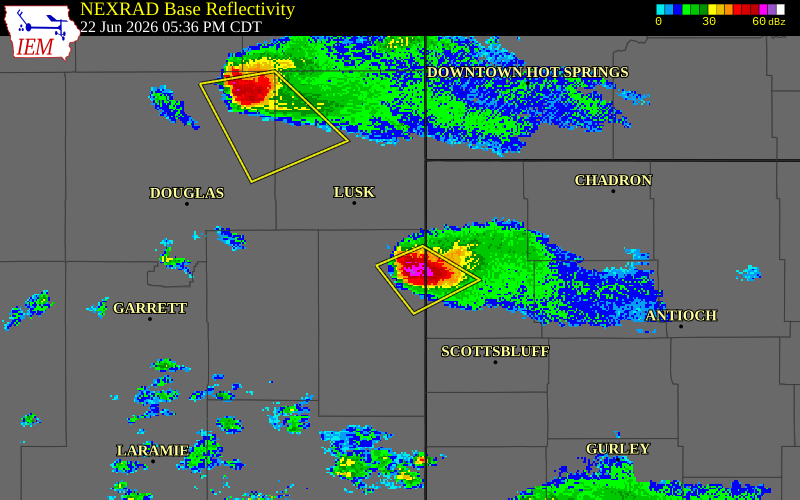 NEXRAD radar during the Monday, June 22, 2026 storm activity in Goshen County, Wyoming