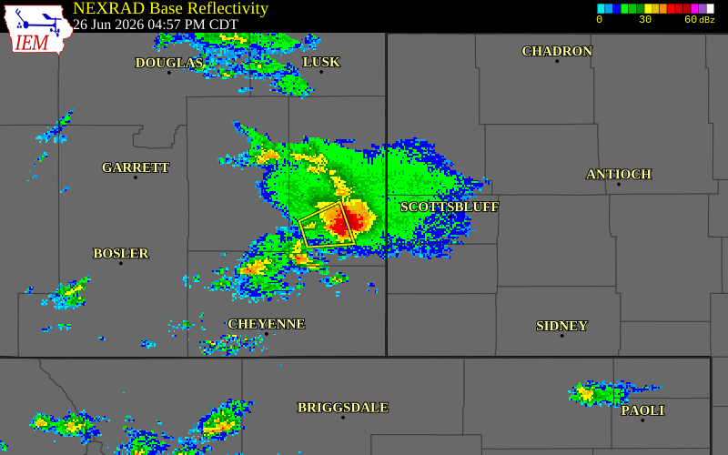 NEXRAD radar during the Friday, June 26, 2026 storm activity in Goshen County, Wyoming