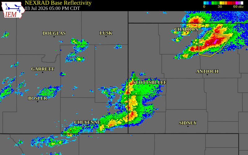 NEXRAD radar during the Friday, July 3, 2026 storm activity in Goshen County, Wyoming