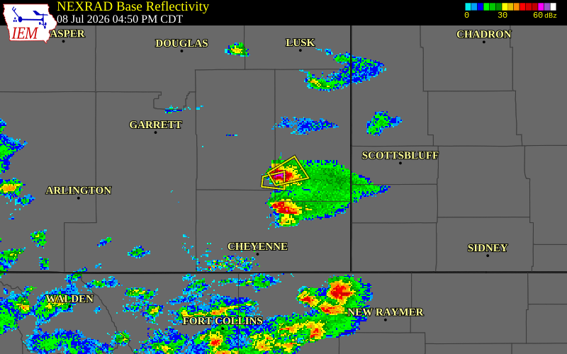 NEXRAD radar during the Wednesday, July 8, 2026 storm activity in Goshen County, Wyoming
