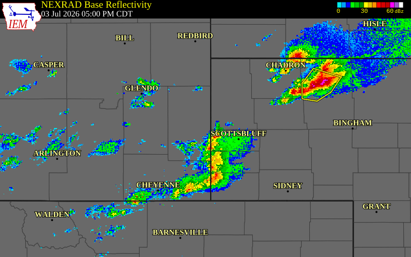 Radar snapshot during the Jul 3, 2026 tornado event near 4 SE Torrington, Goshen County, Wyoming, with NWS warning polygons