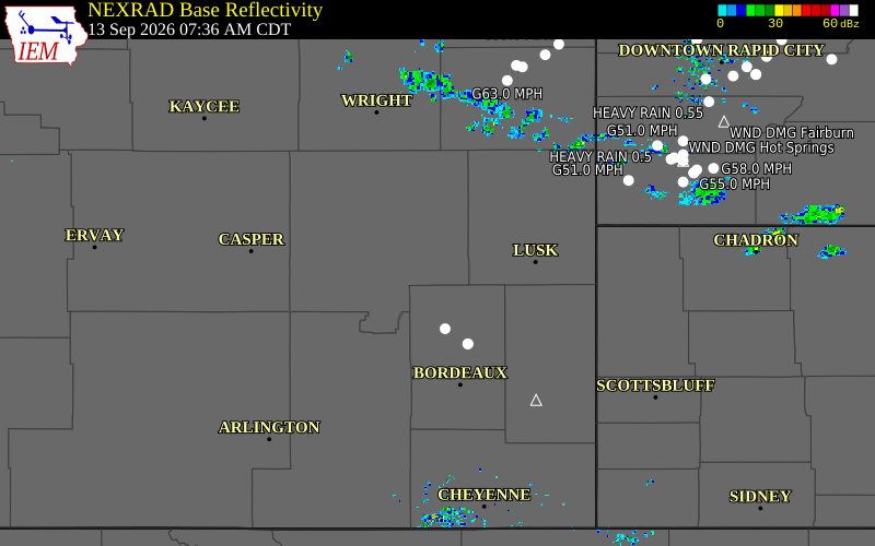 Current NEXRAD radar over Goshen County, Wyoming with recent storm report locations