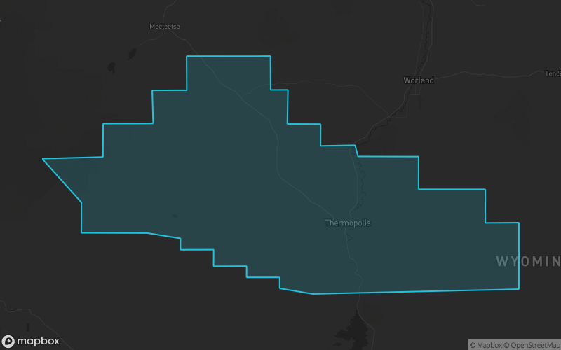 Map of Hot Springs County, Wyoming showing the county boundary and surrounding cities