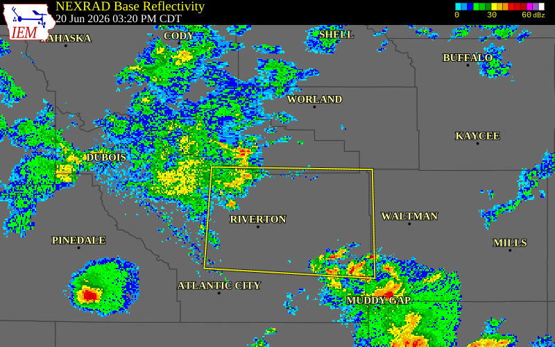 NEXRAD radar during the Saturday, June 20, 2026 storm activity in Hot Springs County, Wyoming