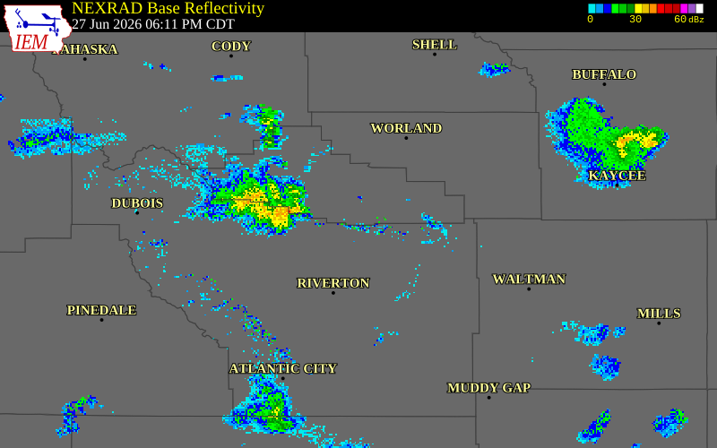 NEXRAD radar during the Saturday, June 27, 2026 storm activity in Hot Springs County, Wyoming