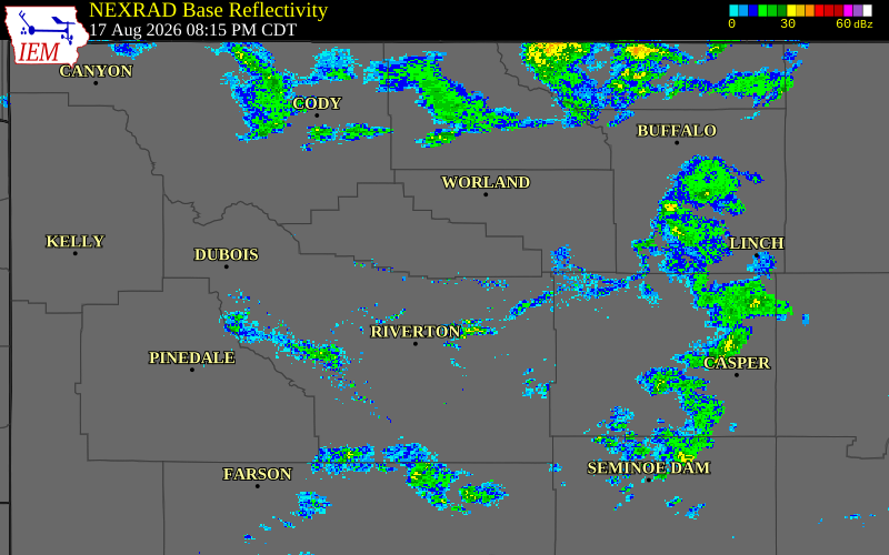 Radar snapshot during the Jun 20, 2026 wind event near 13 S Thermopolis, Hot Springs County, Wyoming, with NWS warning polygons