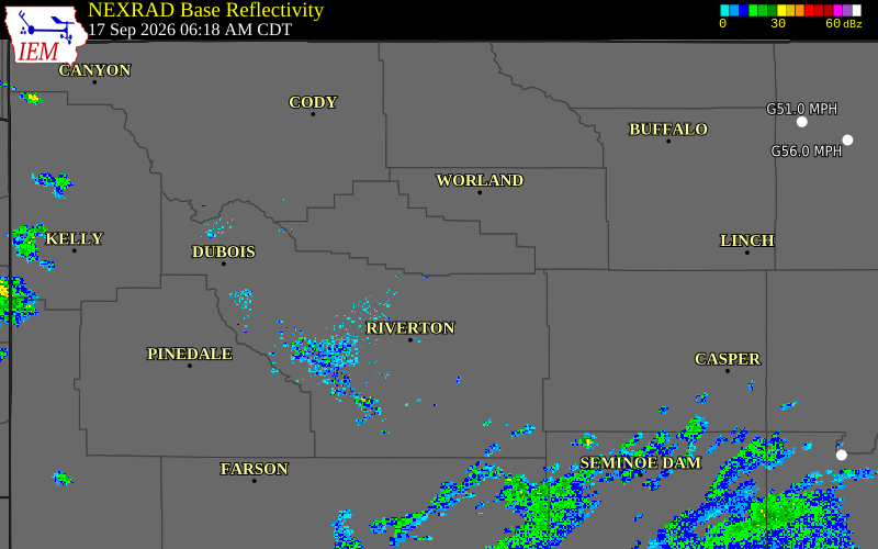 Current NEXRAD radar over Hot Springs County, Wyoming with recent storm report locations