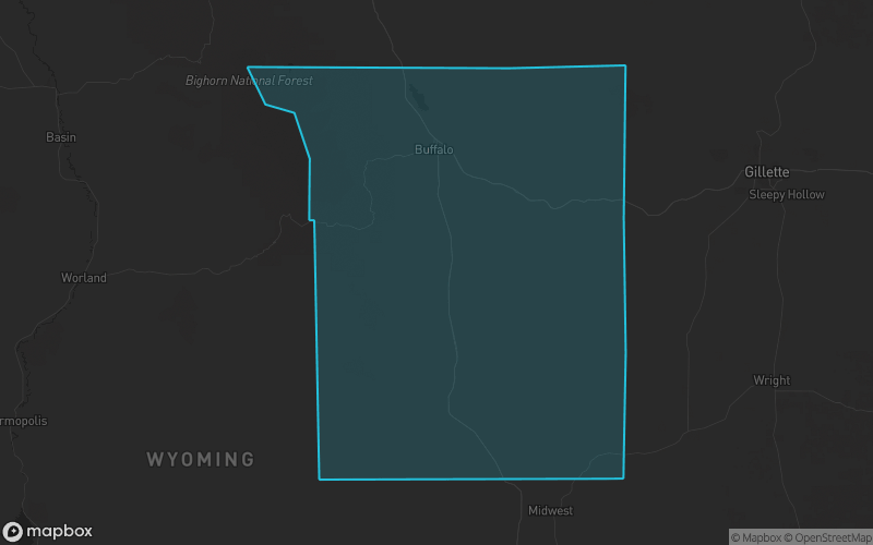 Map of Johnson County, Wyoming showing the county boundary and surrounding cities
