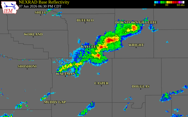 NEXRAD radar during the Sunday, June 7, 2026 storm activity in Johnson County, Wyoming
