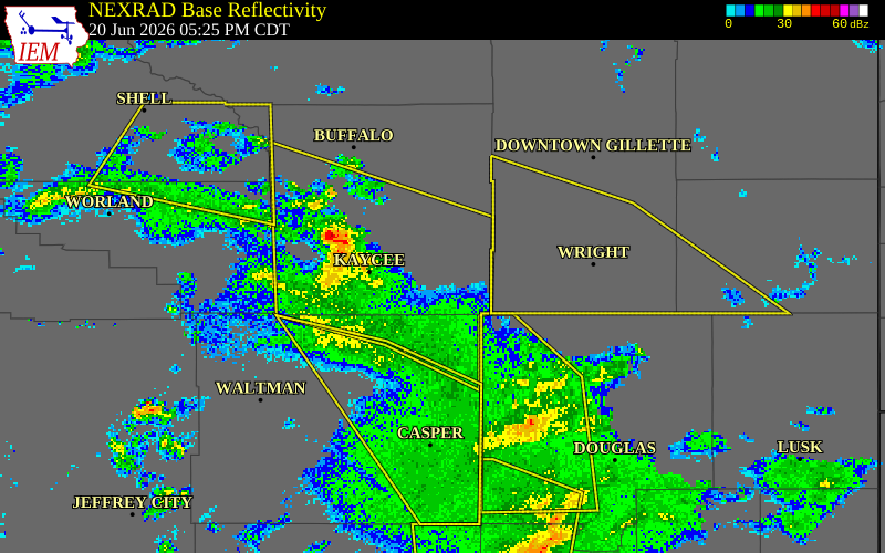 NEXRAD radar during the Saturday, June 20, 2026 storm activity in Johnson County, Wyoming