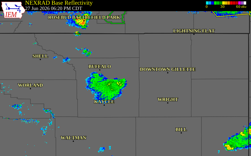 NEXRAD radar during the Saturday, June 27, 2026 storm activity in Johnson County, Wyoming