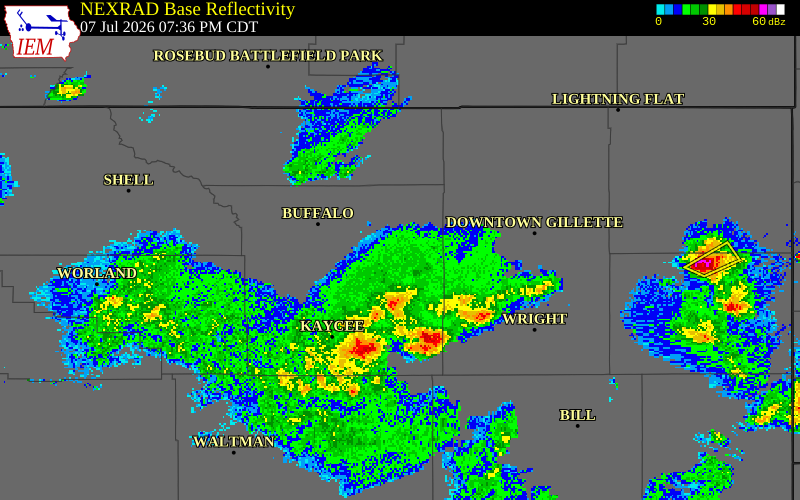 NEXRAD radar during the Tuesday, July 7, 2026 storm activity in Johnson County, Wyoming
