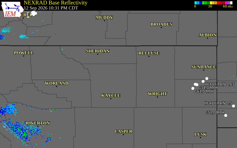 Current NEXRAD radar over Johnson County, Wyoming with recent storm report locations
