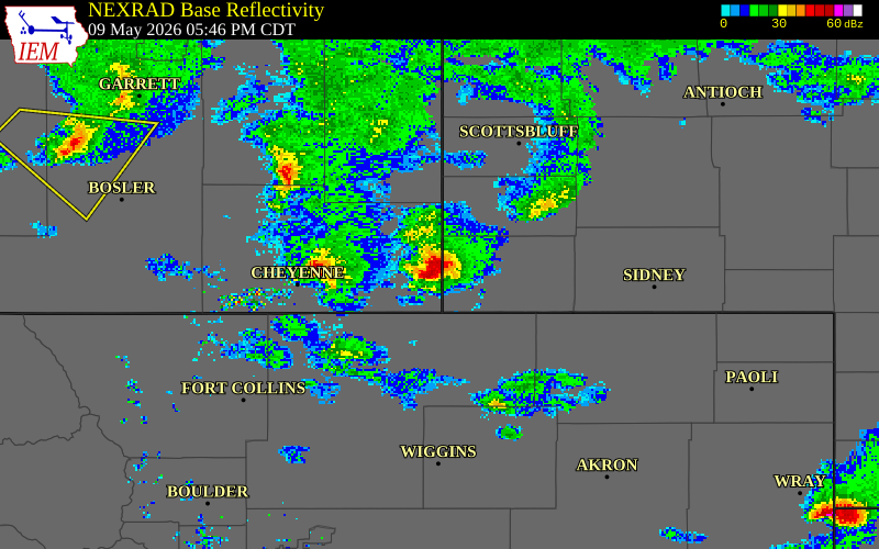 NEXRAD radar during the Saturday, May 9, 2026 storm activity in Laramie County, Wyoming