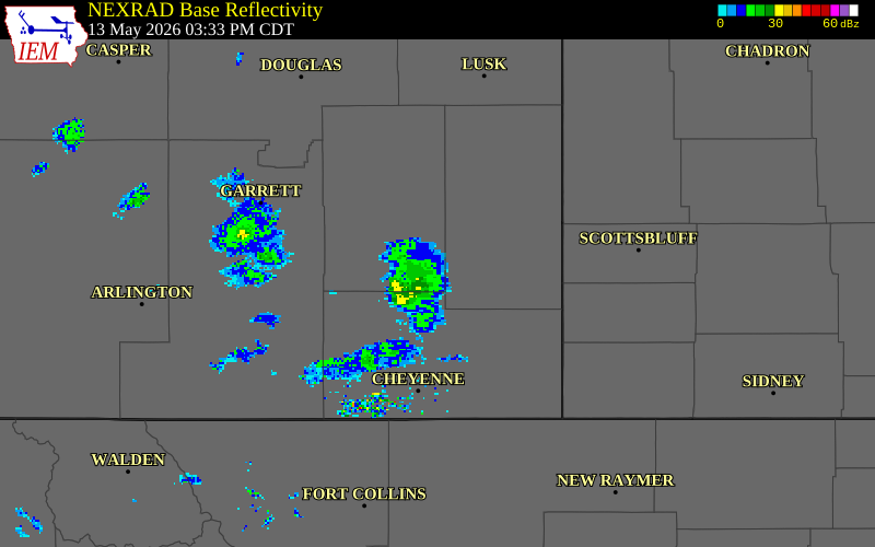 NEXRAD radar during the Wednesday, May 13, 2026 storm activity in Laramie County, Wyoming