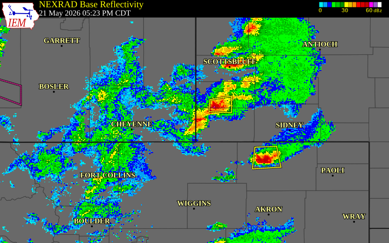 NEXRAD radar during the Thursday, May 21, 2026 storm activity in Laramie County, Wyoming