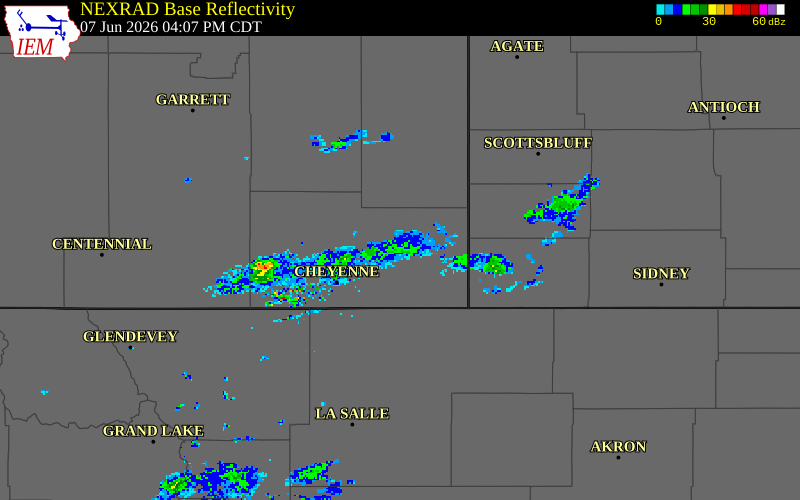 NEXRAD radar during the Sunday, June 7, 2026 storm activity in Laramie County, Wyoming