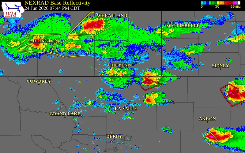 NEXRAD radar during the Wednesday, June 24, 2026 storm activity in Laramie County, Wyoming