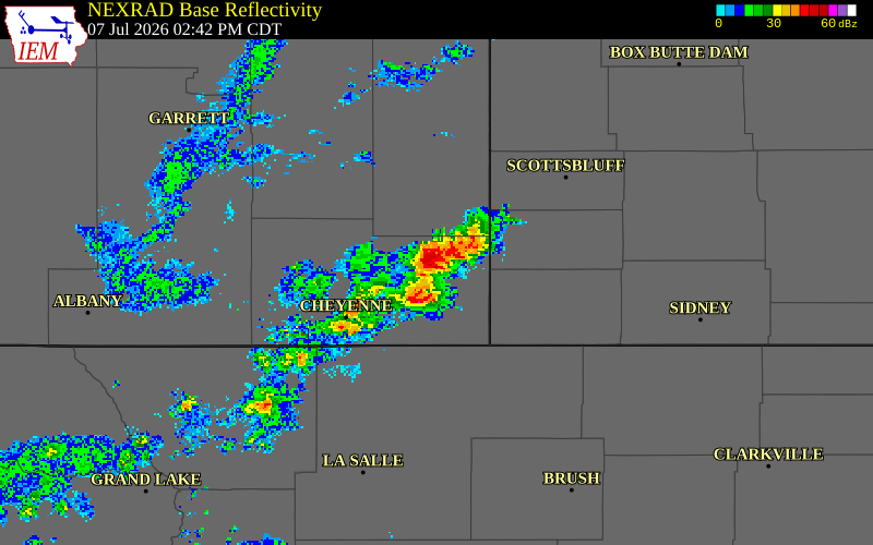 NEXRAD radar during the Tuesday, July 7, 2026 storm activity in Laramie County, Wyoming