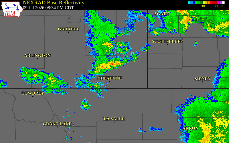 NEXRAD radar during the Thursday, July 9, 2026 storm activity in Laramie County, Wyoming